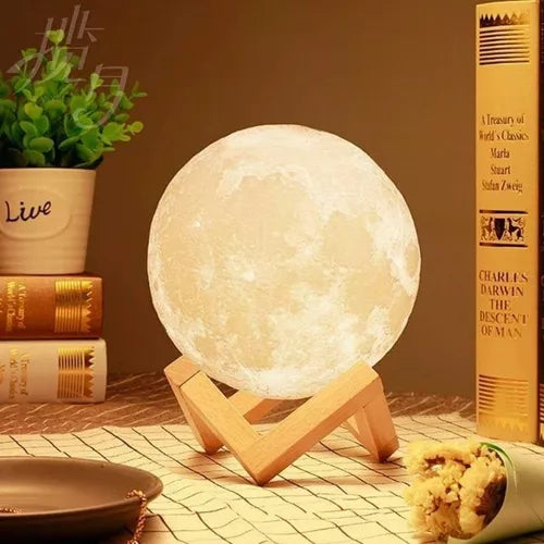 Lampara Luna 12 Cm 3d Luz Led Colores + Base Madera